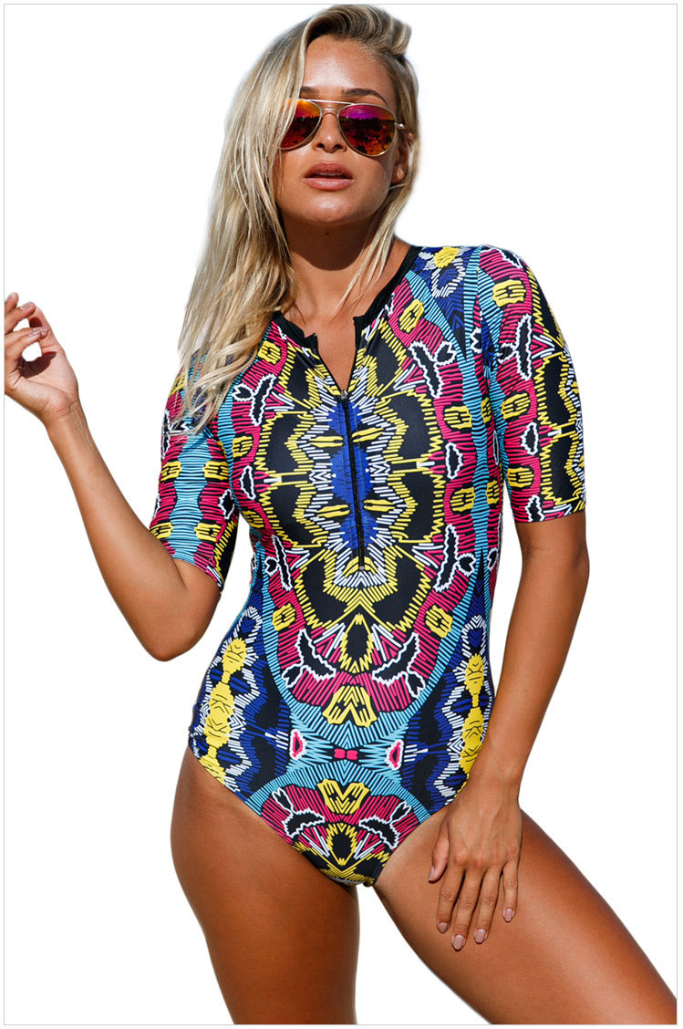 Zip Front Printed Half Sleeve One Piece Swimsuit