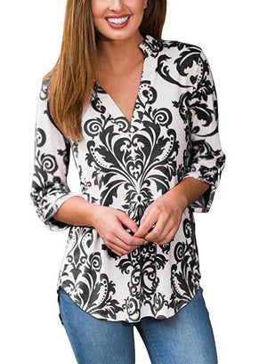 Paisley Printed Long Sleeve V Neck Pleated Casual Blouse