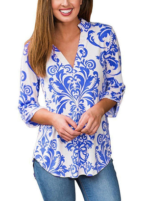 Waqia Women's Paisley Printed Long Sleeve V Neck Pleated Casual Flare Tunic Blouse Shirt