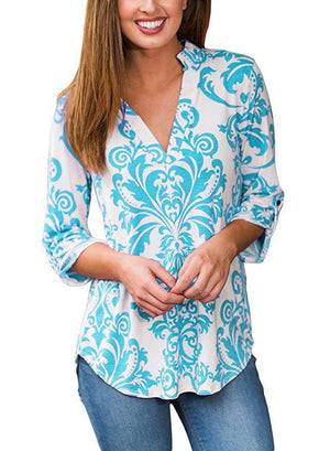 Paisley Printed Long Sleeve V Neck Pleated Casual Blouse