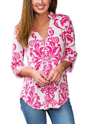 Waqia Women's Paisley Printed Long Sleeve V Neck Pleated Casual Flare Tunic Blouse Shirt