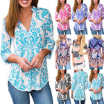 Paisley Printed Long Sleeve V Neck Pleated Casual Blouse