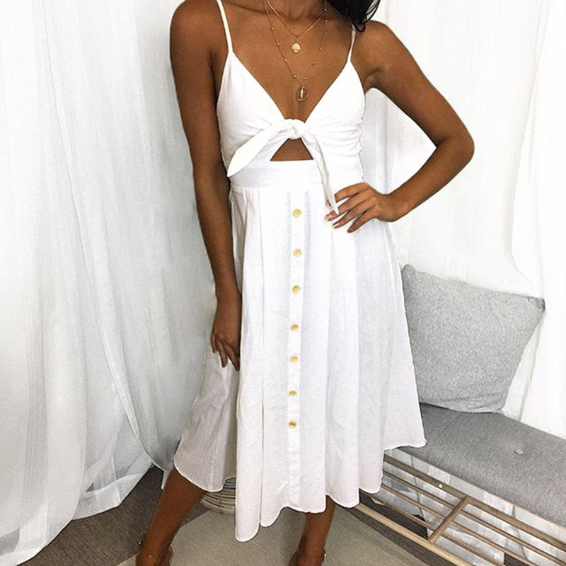 V-Neck Backless Swing Midi Dress