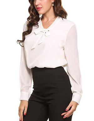 Waqia Womens Bow Tie Neck Long/Short Sleeve Casual Office Work Chiffon Blouse Shirts Tops